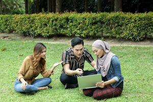 Young Asian Malay man woman outdoor green park sit on grass use study discuss laptop point show photo