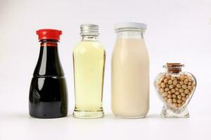 Soya beans in a hart shape bottle soya sauce milk oil in glass bottle on white background photo