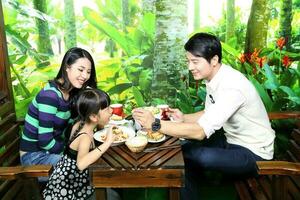 South East Asian young father mother daughter  parent girl child activity indoor photo