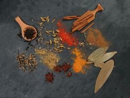 Mix variety spice cinnamon cardamom clove bay leaf wooden chilli cumin turmeric powered on black slate background photo