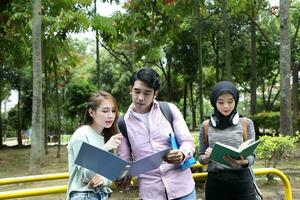 joven asiático malayo chino hombre mujer al aire libre parque caminar estar estudiar hablar discutir punto ordenador portátil archivo libro mochila mezclarse foto