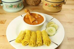 tradicional malayo bocadillo comida Roti jala servido con curry pollo con patata en blanco cerámico plato y cuenco foto