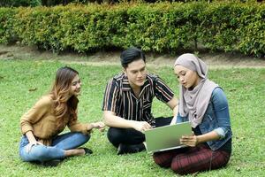 Young Asian Malay man woman outdoor green park sit on grass use study discuss laptop point show photo