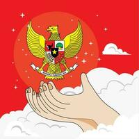 Vector hand carry a pancasila in the sky illustration