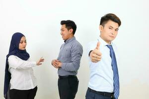 South east Asian Malay Chinese Man Woman facial expression stand confident talk discuss thumbs up photo