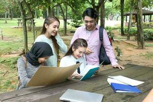 joven asiático malayo chino hombre mujer al aire libre parque libro archivo carpeta ordenador portátil computadora teléfono sentar estar estudiar mezclarse foto