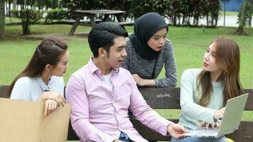 Young asian malay chinese man woman outdoor on park bench study talk discuss point laptop file book photo