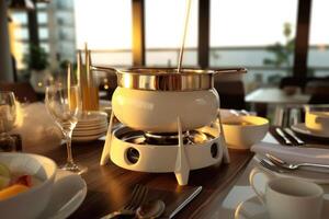 cheese fondue with fondue set, crouton of bread and many cheese, photo