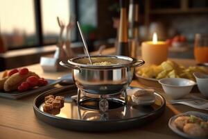 cheese fondue with fondue set, crouton of bread and many cheese, photo