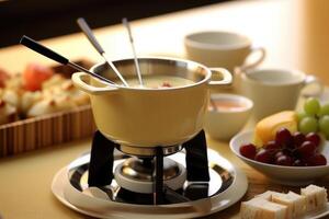 cheese fondue with fondue set, crouton of bread and many cheese, photo