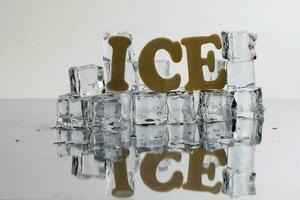 Ice Cube Text font type word Cold freeze acrylic crystal on white background photo