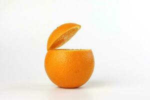 Healthy Orange Cut floating top slice juice drink idea concept on white background photo