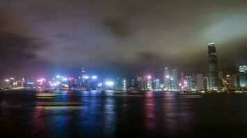 KOWLOON, HONG KONG-FEBRUARY 17, 2018 - View of Hong Kong form Kowloon harbour front. The whole city lights up in the evening and the choreographed symphony of laser is dazzling light show. photo