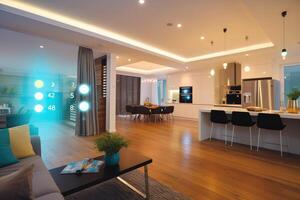 Smart home interior with interactive buttons, photo