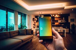 Smart home interior with interactive buttons, photo