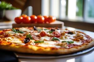 delicious pizza on restaurant table, near window , photo