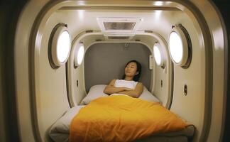 Asian woman having rest in capsule hotel. photo