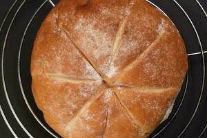 Freshly baked bread loaf round on metal grill over black background photo