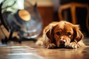 Cute dog lying on floor at home in hot day cooling under the fan, summer heat. photo