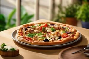 delicious pizza on restaurant table, near window , photo