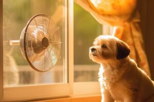 Cute dog lying on floor at home in hot day cooling under the fan, summer heat. photo