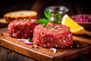 Beef steak tartare with greenery and vegetables. photo