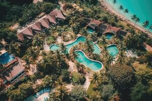 Top view aerial photo from drone of beautiful tropical coastline, resort,