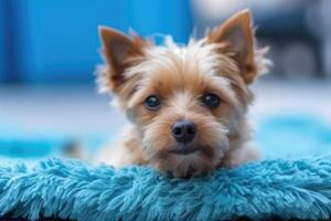 Cute dog lying on cooling mat in hot day at home. photo