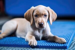 Cute dog lying on cool mat in hot day looking up, isolated, summer heat. photo