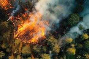 Aerial view wildfire in woods, draught and hot weather. AI Generated photo