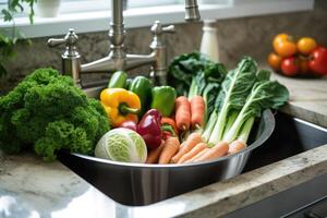 various vegetables to wash in sink, photo