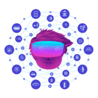 ein jungenkopf verwendet vr-virtual-reality-brille und metaverse-symbole mit linienpolygonhintergrund. bildung für metaverse-konzept png