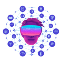 ein mannkopf verwendet vr-virtual-reality-brille und metaverse-symbole mit linienpolygonhintergrund. bildung für metaverse-konzept png