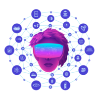 A woman head use VR virtual reality goggle and metaverse icons with line polygon background.Education for metaverse concept png