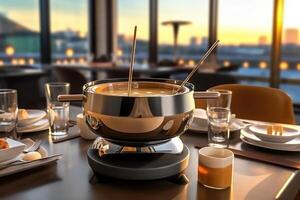 cheese fondue with fondue set, crouton of bread and many cheese, photo