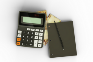 3d representación de un composición de boliviano boliviano notas, un calculadora, un Nota libro y un bolígrafo aislado en transparente antecedentes. impuesto antecedentes diseño concepto png