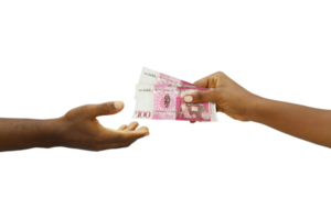 Hand giving 3D rendered Tongan Paanga notes to another hand. Hand receiving money png