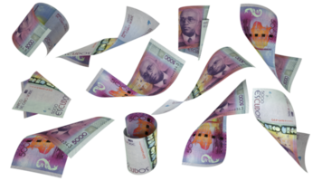 3D rendering of 5000 Cape Verdean Escudo notes flying in different angles and orientations isolated on transparent background png