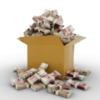 3d rendering of cardboard box full of 100 Tongan Paanga notes isolated on a transparent background png