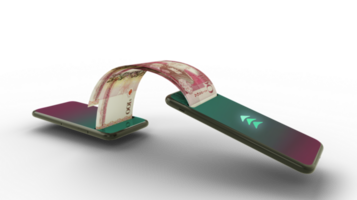 3D rendering of Tongan Paanga notes transferring from one phone to another. mobile money transaction concept. money coming out of mobile phone png