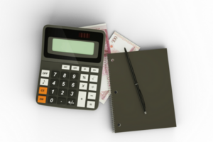 3D rendering of a composition of Tongan Paanga notes, a calculator, a note book and a pen isolated on transparent background. Tax background design concept png