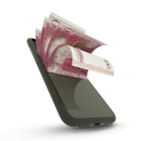 3D rendering of Tongan Paanga notes inside a mobile phone. money coming out of mobile phone png