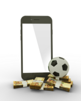 3d le rendu de une mobile téléphone avec football Balle et piles de 100 bolivien boliviano Remarques isolé sur transparent Contexte. png