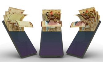 Bolivian Boliviano notes inside a mobile phone. money coming out of mobile phone. 3d rendering of set of mobile money transaction concept. money from Phone png