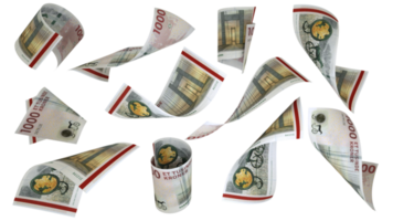 3D rendering of Danish Krone notes flying in different angles and orientations isolated on transparent background png