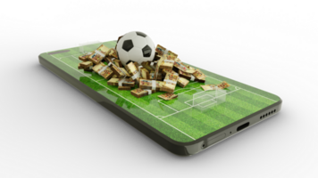 3d tolkning av mobil telefon fotboll vadhållning. fotboll och 100 bolivian boliviano anteckningar på telefon skärm. fotboll fält på smartphone skärm isolerat på transparent bakgrund. slå vad och vinna begrepp png