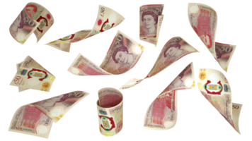 3D rendering of 50 British pound notes flying in different angles and orientations isolated on transparent background png