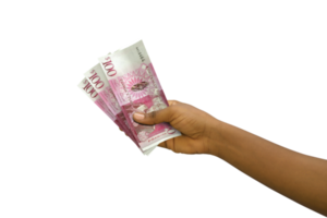 Fair hand holding 3D rendered Tongan Paanga notes isolated on  transparent background png