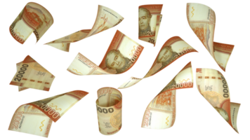 3D rendering of 20000 Chilean peso notes flying in different angles and orientations isolated on transparent background png