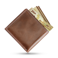 3D rendering of Bolivian Boliviano notes in a brown leather men wallet.  Bolivian Boliviano in wallet png